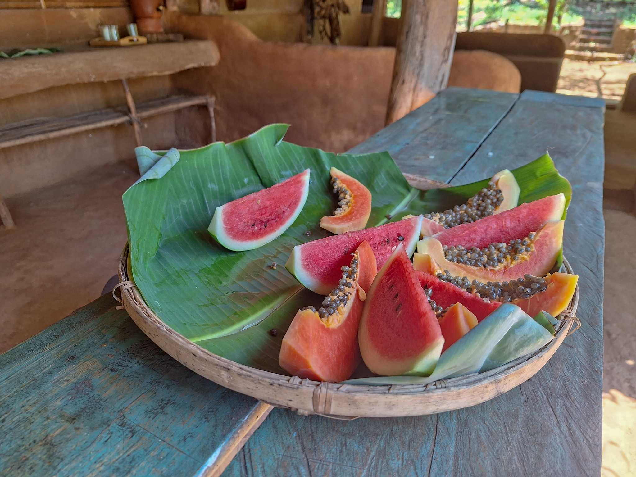 A colorful display of fresh tropical fruits at a local market in Sri Lanka.